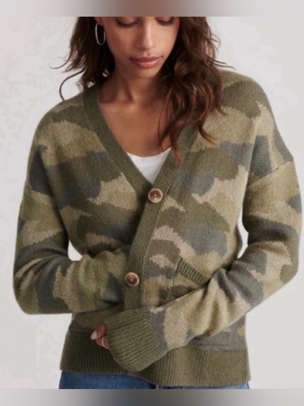 NWT Lucky Brand Camo Knit Button Front Sweater Small Grandpa Cardigan
